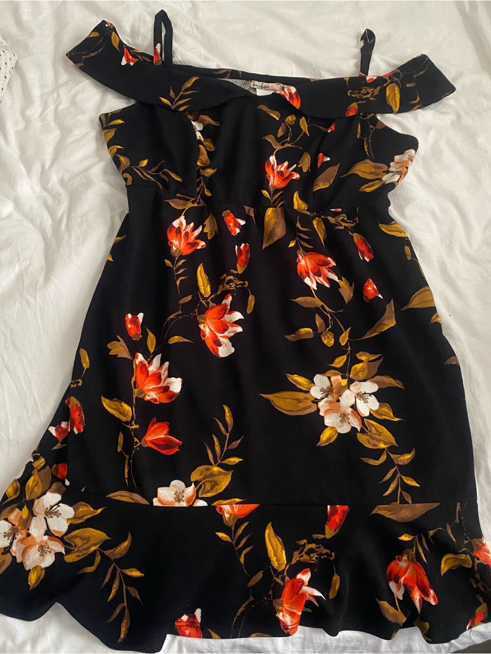 Love Squared Black Off-Shoulder Floral Dress with Orange & Cream Blooms